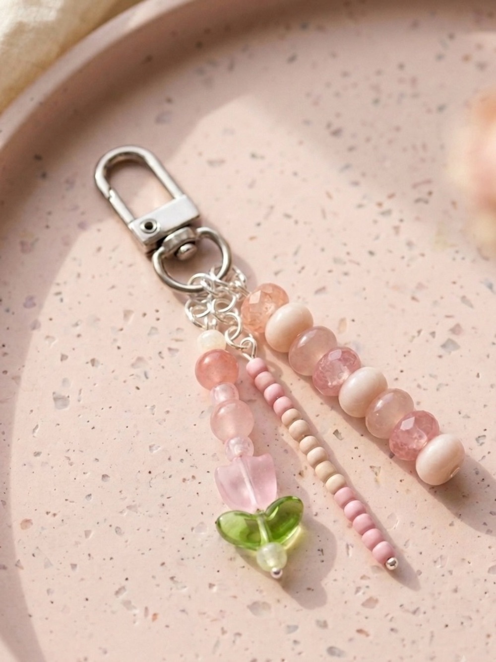 Handmade Pink Beaded Bag Charm Keychain with Flower